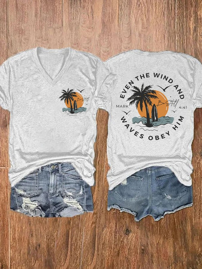 Women's Casual Western Christian Faith Bible Verse Double-Sided Printed V-Neck Short Sleeve T-Shirt