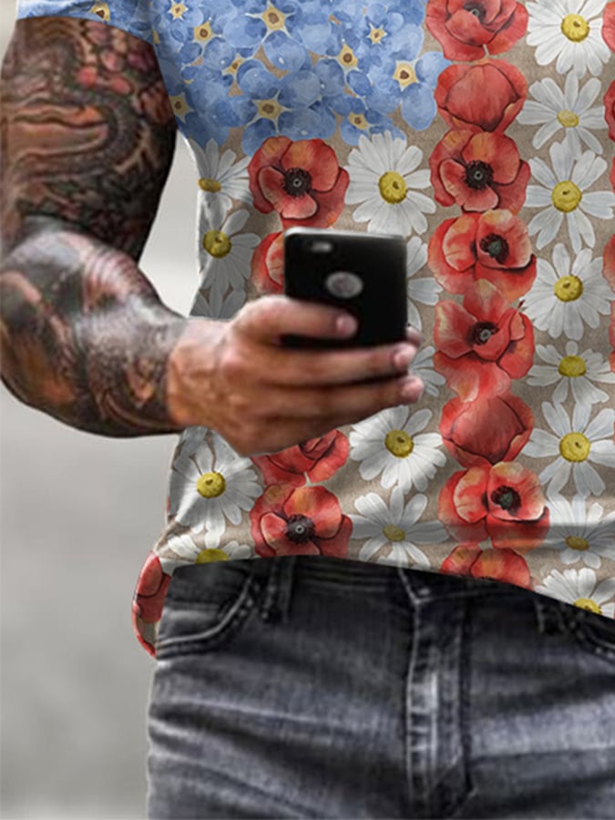 Retro Patriotic Flower Myosotis & Poppy Print T-Shirt