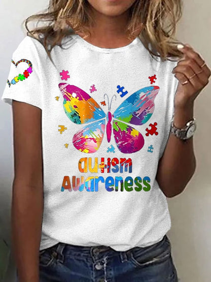 Women's Autism Awareness Printed Casual T-Shirt