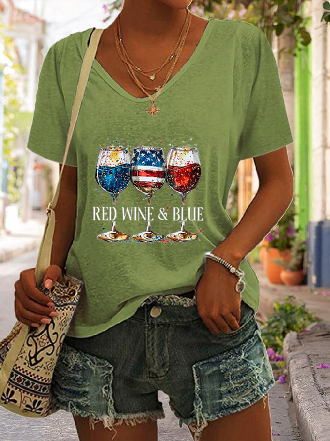 🔥Last Day 49% Off🔥Women's Red Wine & Blue Print Casual T-Shirt