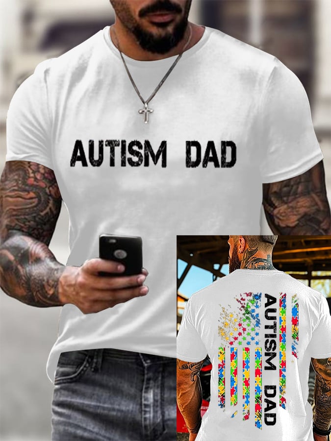 Men's Retro Autistic Dad Autism Awareness Printed Round Neck T-Shirt