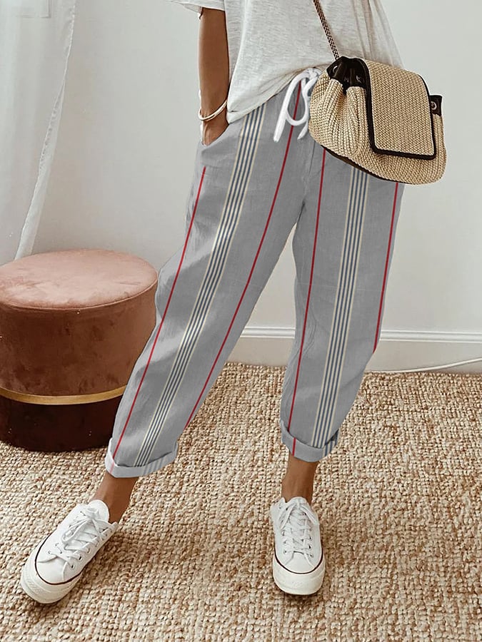 Women's Striped Design Lace-Up Elastic Waist Loose Casual Pants