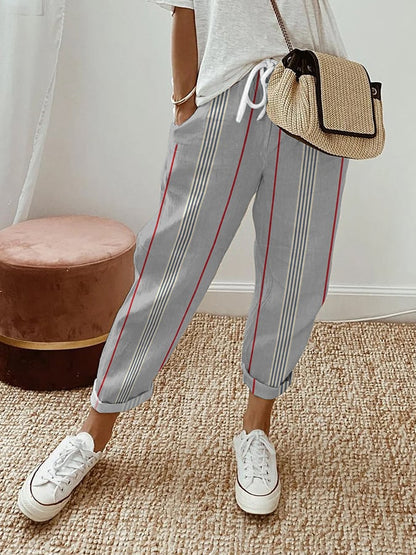 Women's Striped Design Lace-Up Elastic Waist Loose Casual Pants