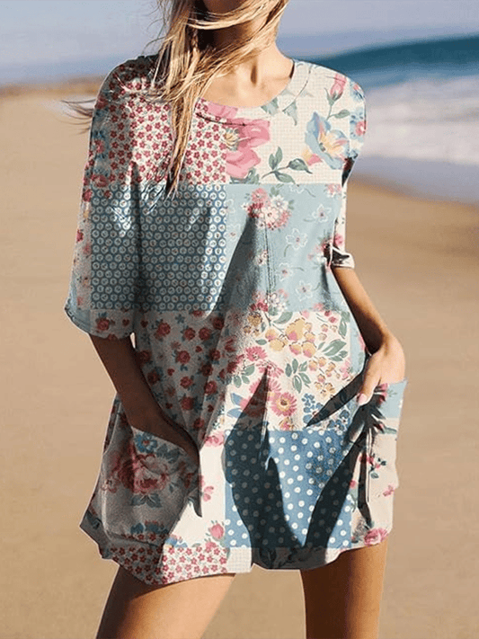 Women's Retro Botanical Floral Patchwork Art Print Casual Jumpsuit