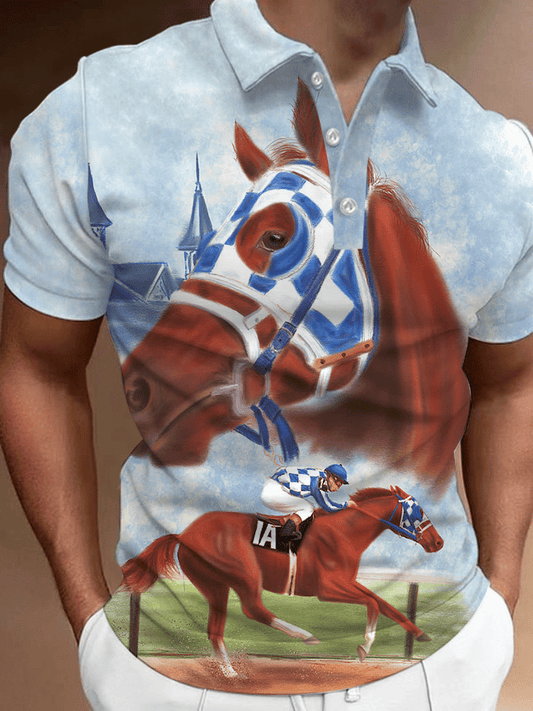 Men's Kentucky Derby Horse Racing Printed Casual Polo Shirt