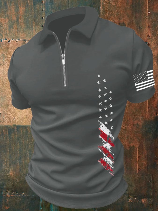Men'S Independence Day Flag Print Zip-Up Polo Shirt
