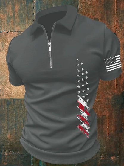 Men'S Independence Day Flag Print Zip-Up Polo Shirt