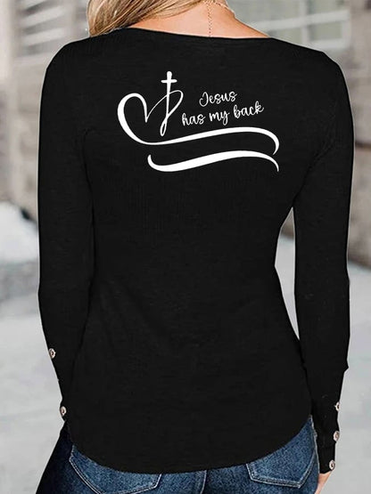 Women's Faith Love Like Jesus Jesus Has My Back Print Button Top