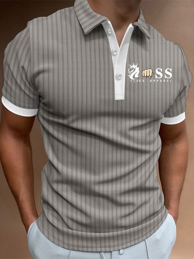 Men's Striped Lettering Casual Polo Shirt