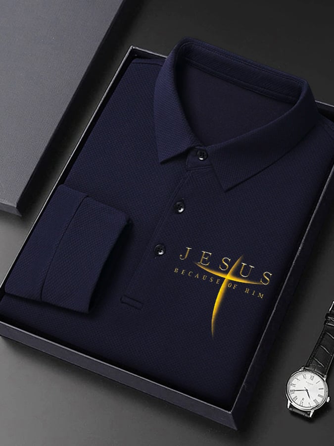 Men's Vintage Faith “Jesus Because Of Him” Long Sleeves Polo Shirt