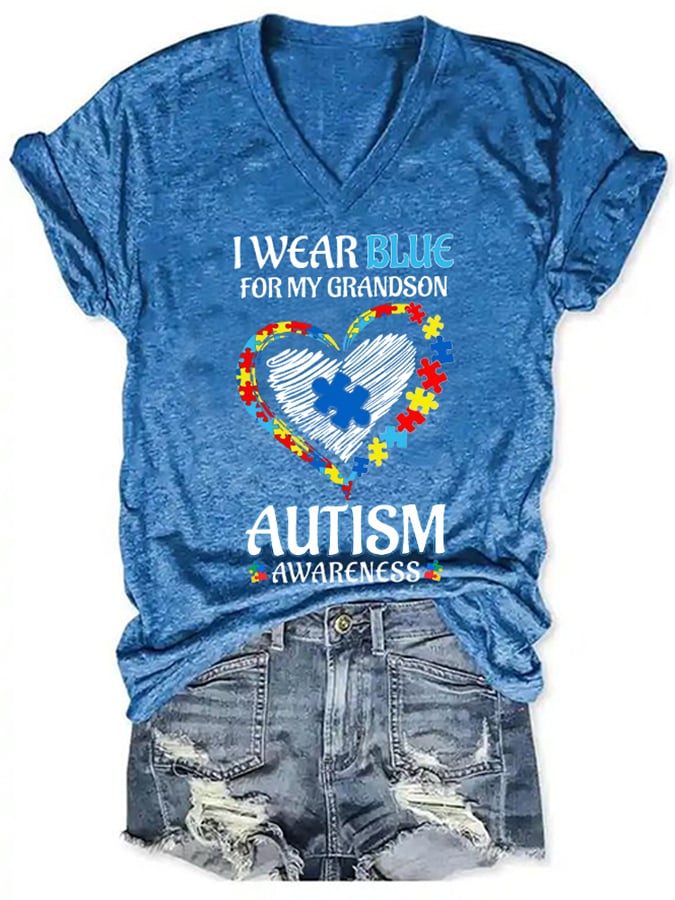 Women's I Wear Blue For Autism Awareness Print V-Neck T-Shirt