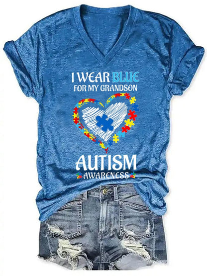 Women's I Wear Blue For Autism Awareness Print V-Neck T-Shirt