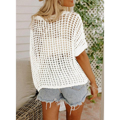 🎁2025 New Hot Sale - Womens Summer Scoop Neck Short Sleeve Sweater Casual Crochet Hollow Out Knit Tops Pullover Shirts Beach Coverup