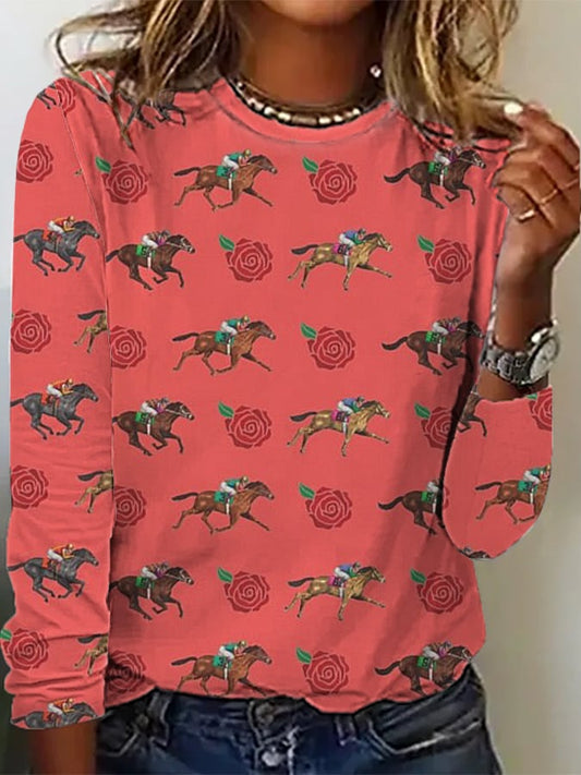 Women's Derby Horses Print Crew Neck T-Shirt