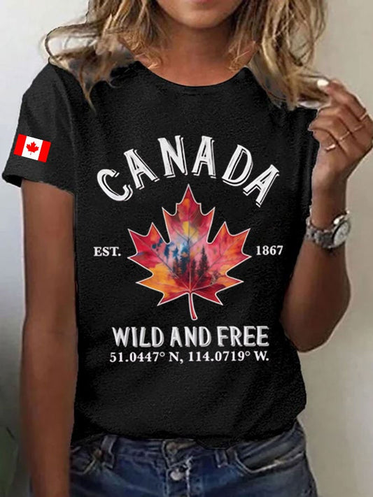 Womens Canada Wild and Free Print Crew Neck T-Shirt