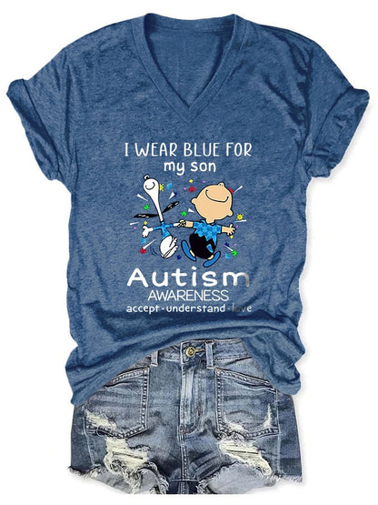 V-neck Autism Awareness I Wear Blue For My Son Print T-Shirt