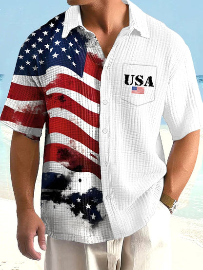 Men's Vintage Independence Day Flag Print Casual Shirt (With Pockets)