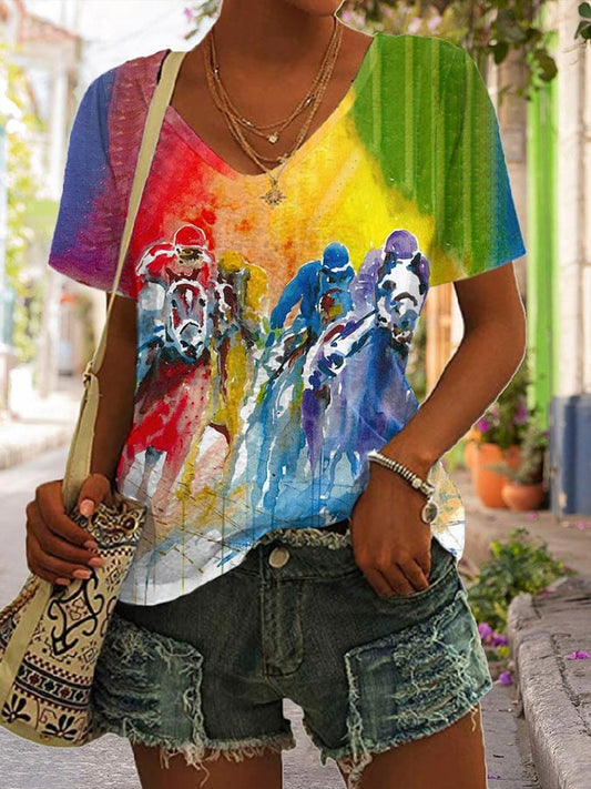 Women’s Retro Painting Riding Art Print V-Neck T-Shirt