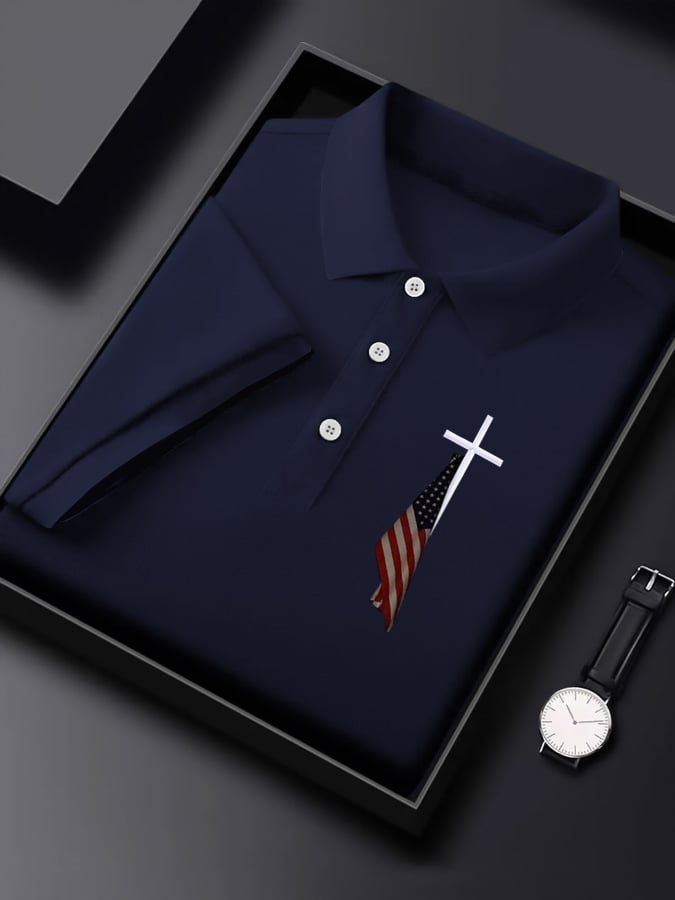Men'S Flag Cross Print Polo Shirt