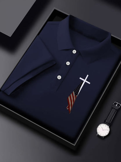 Men'S Flag Cross Print Polo Shirt