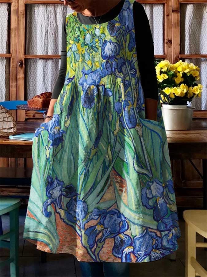 Casual Floral Oil Painting With Pocket Print Dress