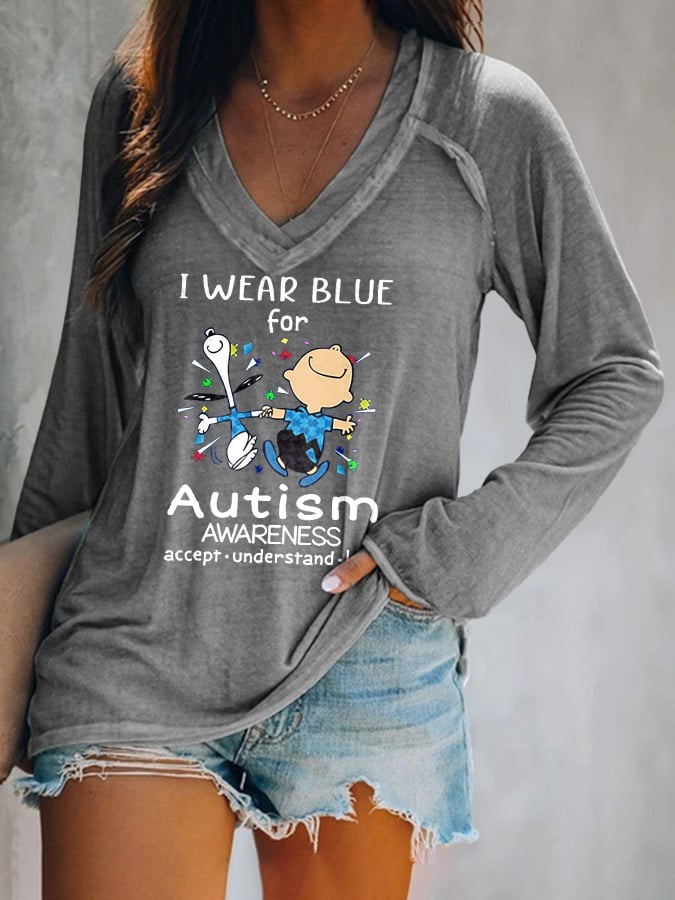 V-neck Retro Autism Awareness I Wear Blue For Autism Print T-Shirt