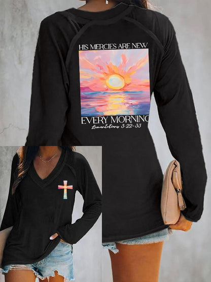 Women's His Mercies Are New Every Morning Feeling V Neck T-Shirt