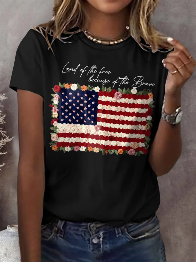 Retro Independence Day Land Of The Free Because Of The Brave Print T-Shirt