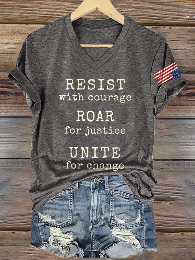 V-Neck Retro Resist With Courage Roar For Justice Unite For Change Print T-Shirt