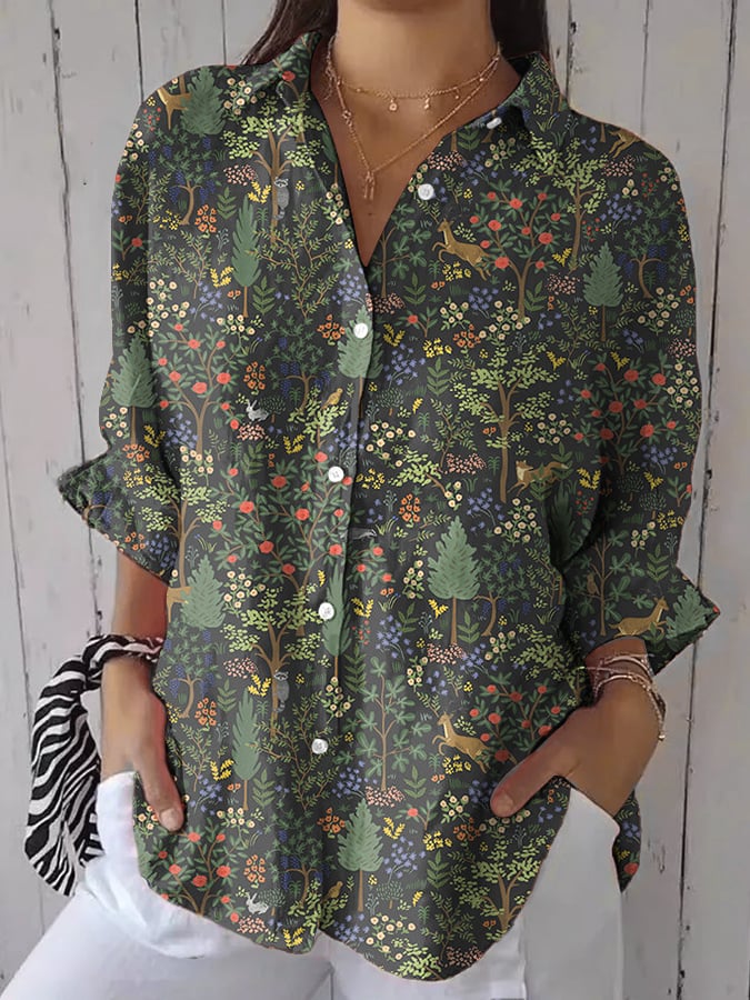 Women's casual retro forest print cotton and linen shirt