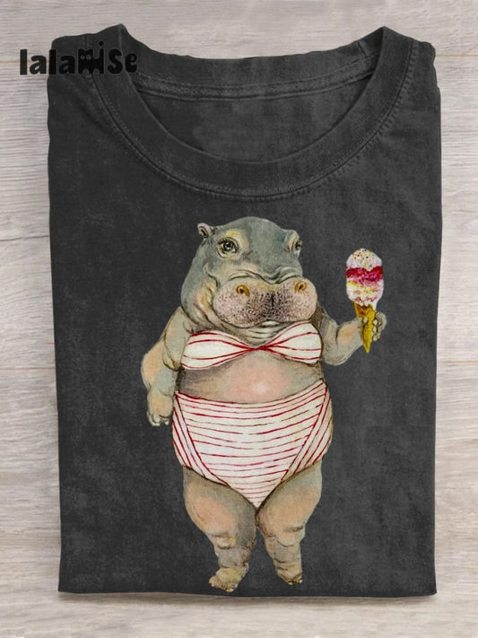 Funny Hippo Art Pattern Print Casual T-shirt