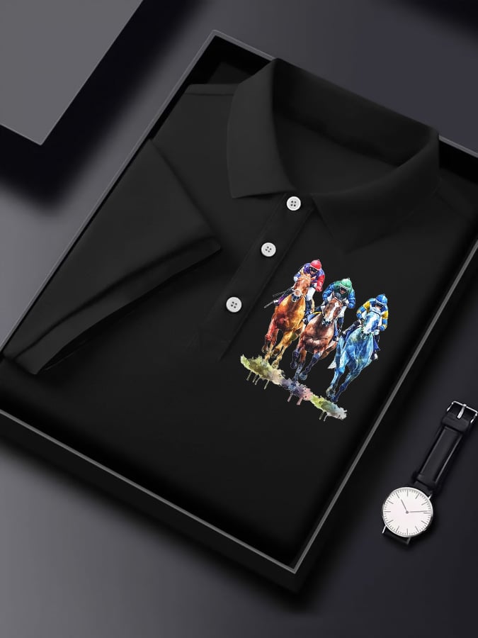 Men's Horse Racing Print Polo Shirt