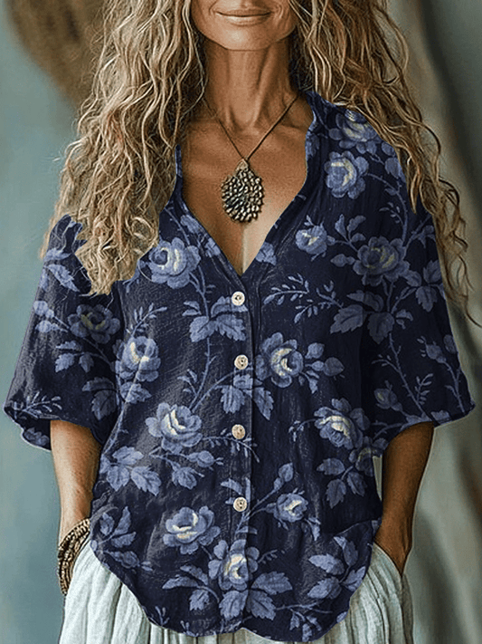 Women's Vintage Floral Print Lapel Mid Sleeve Casual Shirt
