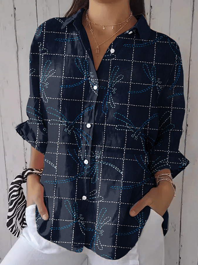 Women's Vintage Art Dragonfly Print Casual Lapel Shirt