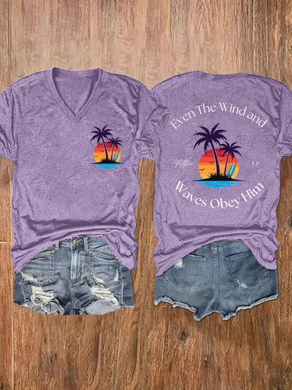 Women's Casual Western Christian Faith Bible Verse Double-Sided Printed V-Neck Short Sleeve T-Shirt