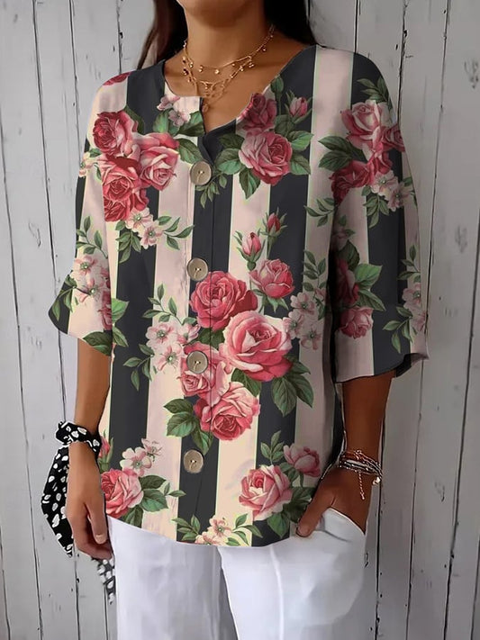 Women's Retro Botanical Floral Patchwork Art Print Button Design Casual Shirt