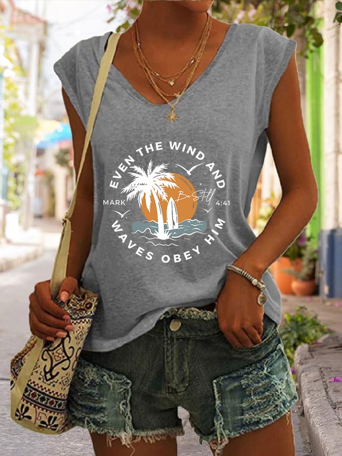 Women's Casual Christian Bible Verse Palm Tree Print Tank Top