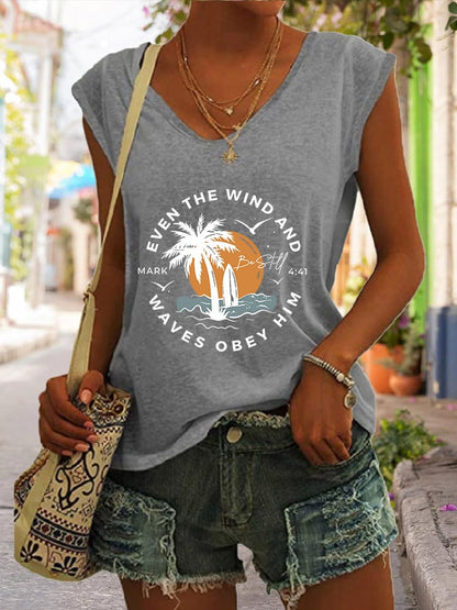 Women's Casual Christian Bible Verse Palm Tree Print Tank Top