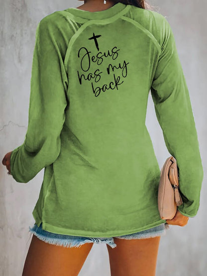 Women's Love Like Jesus Jesus Has My Back Casual V-Neck Long-Sleeve T-Shirt