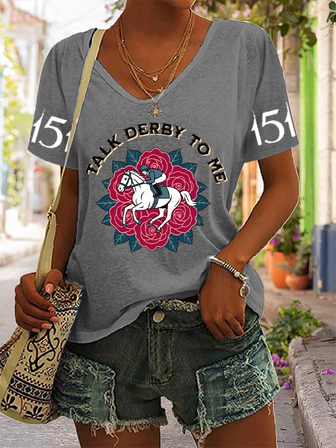 Women's Horse Racing Print V-Neck T-Shirt