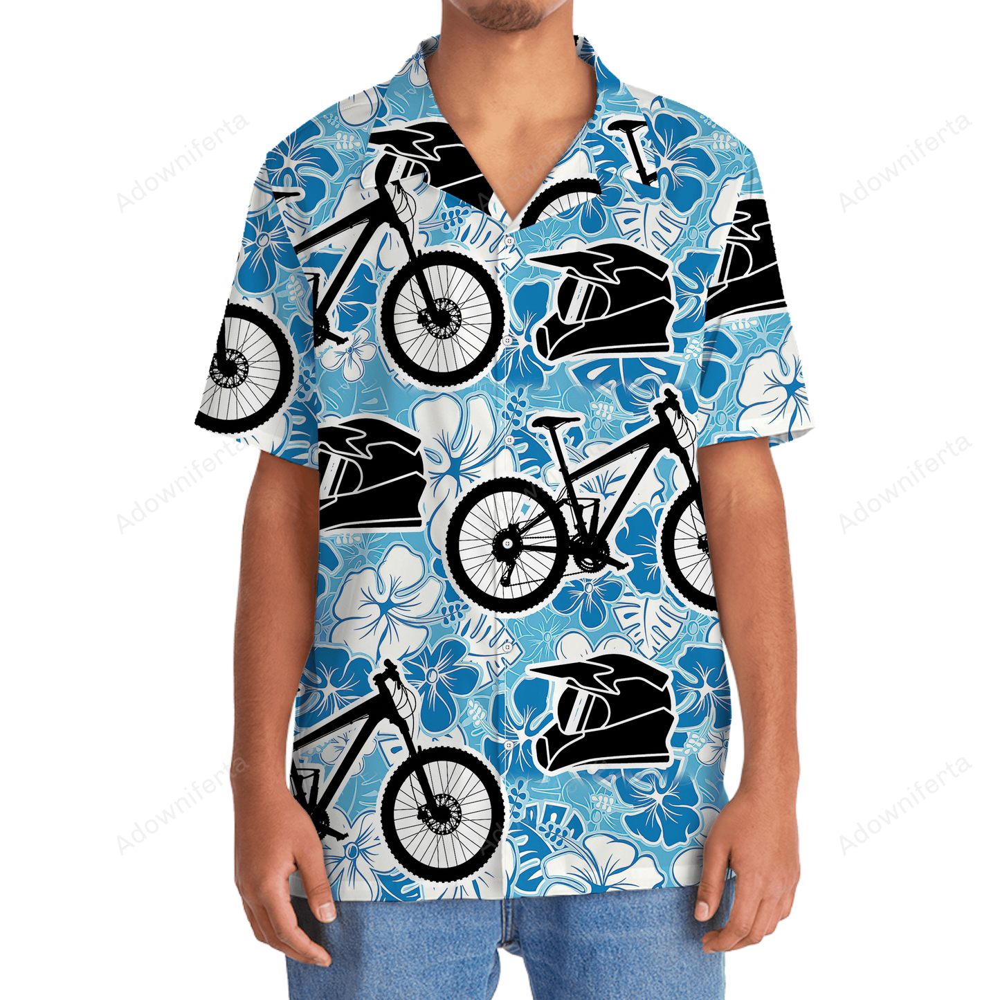 Mountain Bike Blue White Hibicus Hawaiian Shirt