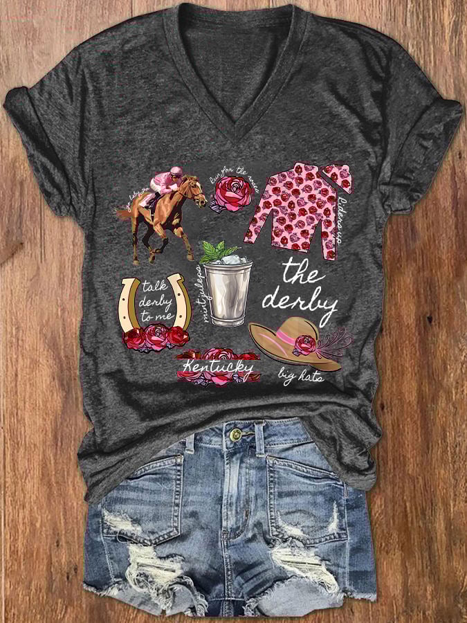 Women's Derby Horses Print V-Neck T-Shirt