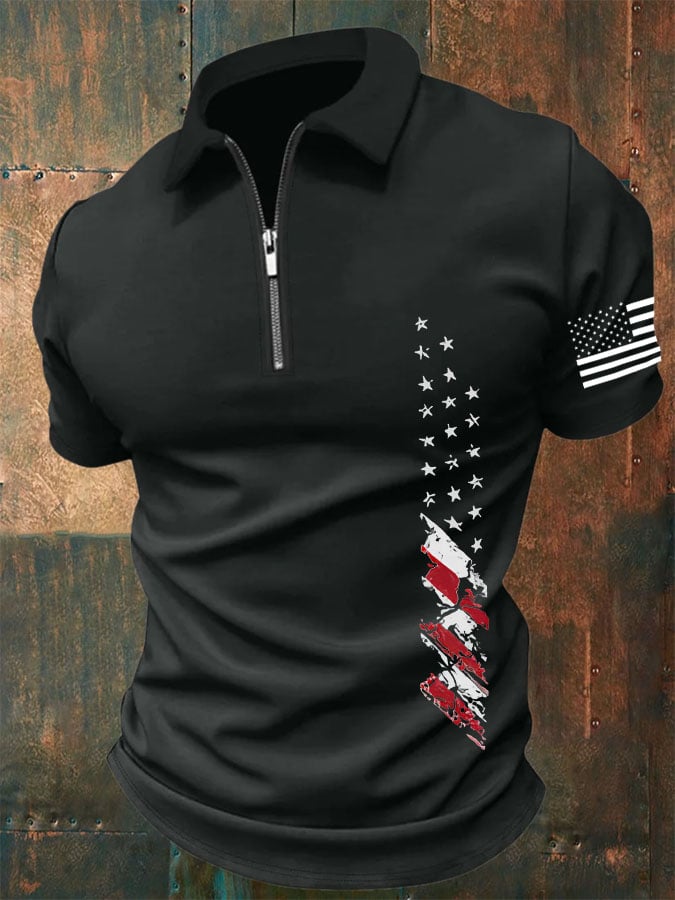 Men'S Independence Day Flag Print Zip-Up Polo Shirt