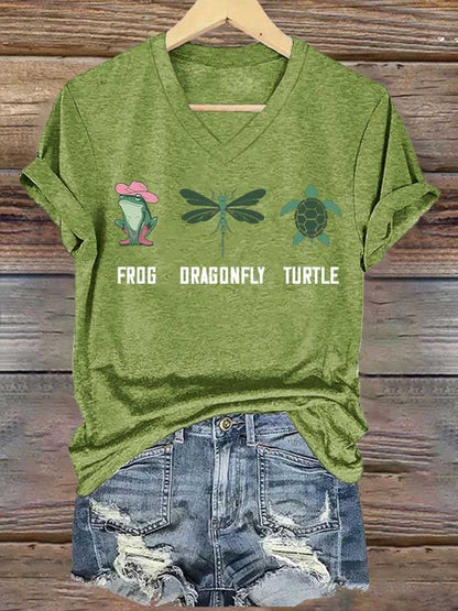 Women's Frog Dragonfly Turtle Printed V Neck T-shirt
