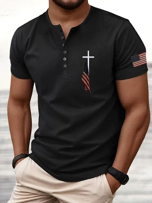 Men'S Flag Cross Print Button design Top