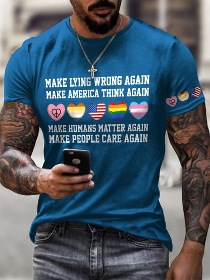 Men's Retro Retro Make Lying Wrong Again Make America Think Again Make Humans Matter Again Make People Care Again Print T-Shirt
