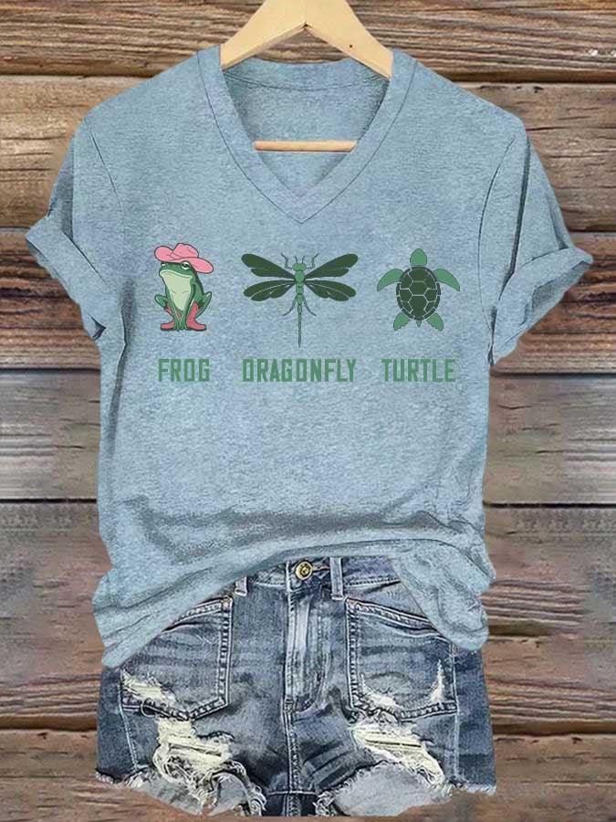 Women's Frog Dragonfly Turtle Printed V Neck T-shirt
