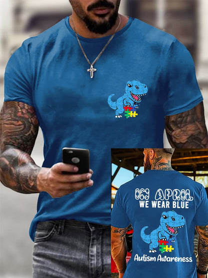 Men's Retro Fun Dinosaur Jigsaw Puzzle Autism Awareness Printed Round Neck T-Shirt