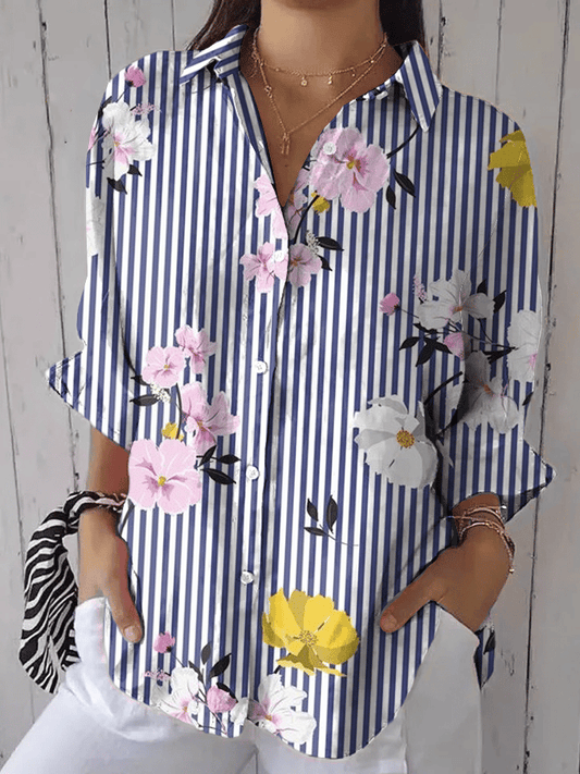 Women's Vintage Striped Floral Print Casual Lapel Shirt
