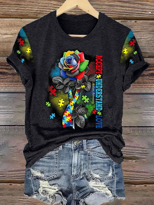 Retro Autism Awareness Accept, Understand, Love Rose Ribbon Print T-Shirt